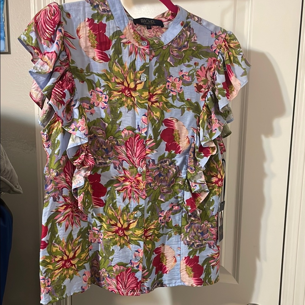Rachel Zoe Pink and Yellow Ruffled Short Sleeve Blouse